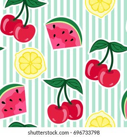 Seamless pattern of stickers in the form of fruits on a stripe. Cherry, watermelon, lemon on a stripes background.