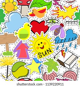 Seamless pattern from stickers on summer theme. Hand drawn set of bright, colourful stickers. Design for print on cloth, icon, paper, card, wrapping, wallpaper