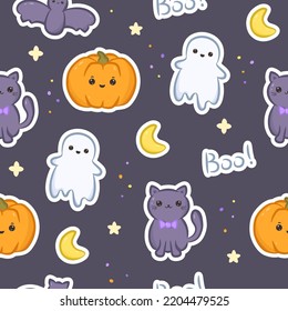 Seamless pattern with stickers pumpkin, ghosts, bat, cat, moon and lettering boo. Cute kawaii halloween print for design, background, wrapping paper and web design. Vector illustration