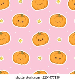 Seamless pattern with stickers pumpkin and stars. Cute kawaii print for design, phone case, background, wrapping paper, textile and web design. Vector illustration