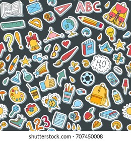 Seamless pattern with stickers. School and education doodles hand drawn vector symbols and objects. Colorful sticker style drawings.