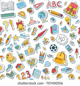 Seamless Pattern With Stickers. School And Education Doodles Hand Drawn Vector Symbols And Objects. Colorful Sticker Style Drawings.