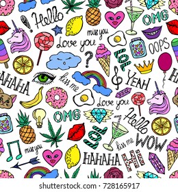 Seamless pattern from stickers unicorn, lips, fashion, fruit, rainbow, sweets, things. Hand drawn set vector stickers illustration. Cloth, print, design,icon,paper,card,cloth, wrapping,wallpaper.Eps10