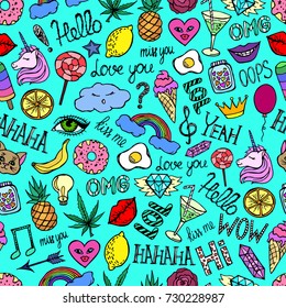 Seamless pattern from stickers unicorn, lips, fashion, fruit, rainbow, sweets, things. Hand drawn set vector stickers illustration. Cloth, print, design,icon,paper,card,cloth, wrapping,wallpaper.Eps10
