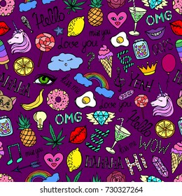 Seamless pattern from stickers unicorn, lips, fashion, fruit, rainbow, sweets, things. Hand drawn set vector stickers illustration. Cloth, print, design,icon,paper,card,cloth, wrapping,wallpaper.Eps10