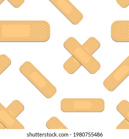 Seamless pattern with sticking plasters. Medical patch repeat texture. On white background. Stock vector illustration.