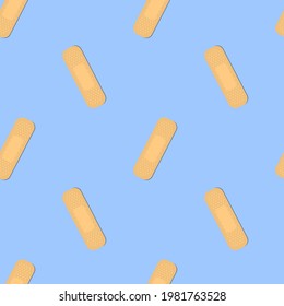 Seamless pattern with sticking plasters. Medical patch repeat texture. On blue background. Stock vector illustration.