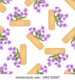 Patrón sin foco con tiras adhesivas y flores moradas. Textura repetida de parche médico. Sobre fondo blanco. Ilustración vectorial de material.
