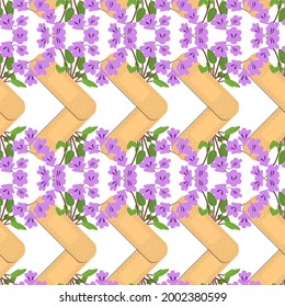 Nahtloses Muster mit anhaftenden Pflaumen und violetten Blumen. Das medizinische Pflaster wiederholt die Textur. Auf weißem Hintergrund. Stock-Vektorgrafik.