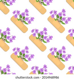 Seamless pattern with sticking plasters and purple flowers. Medical patch repeat texture. On white background. Stock vector illustration.