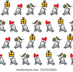 Seamless pattern with stickman characters runnining and  holding gifts in rising hands. Vector illustration of heart, flower and present box. Cute stick figure boys lovers.