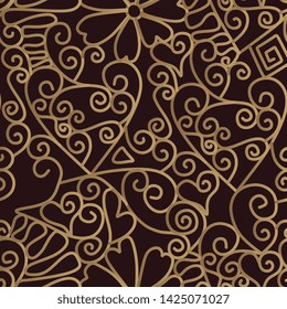 Seamless pattern with stilized golden wrought iron grille on dark brown background. Print for fabric, wrapping design.