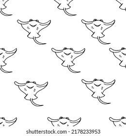 Seamless pattern with stingray fish drawn with black marker on white paper. Cramp-fish background.