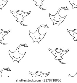 Seamless pattern with stingray fish drawn with black marker on white paper. Cramp-fish background.