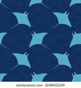 Seamless pattern with stingray fish on blue background. For ocean-themed textiles, wallpapers and packaging, postcards or covers.	