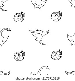 Seamless pattern with stingray fish and puffer drawn with black marker on white paper. Cramp-fish and puffer background.