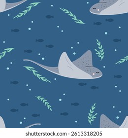 Seamless pattern with stingray, fishes and seaweed