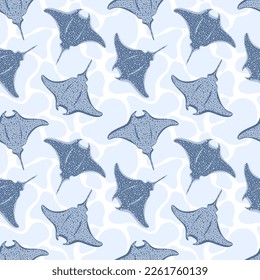 Seamless pattern with Stingray fishes swimming in water. Marine dwellers. Concept of sea and ocean life. Modern print for fabric, textiles, wrapping paper. Vector illustration