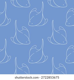 Nahtloses Muster mit Stingray im Line Art Stil. Tapete für Sommerdesign auf blauem Hintergrund.