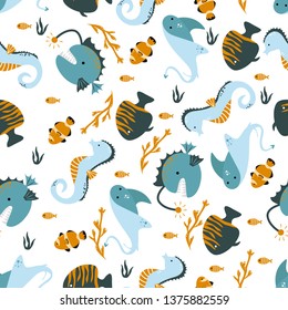 seamless pattern with stingray seahorse and fish - vector illustration, eps