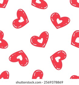 Seamless pattern with stitched red hearts and white details in flat doodle style