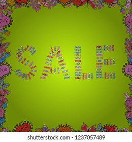 Seamless pattern. Stock clearance banner, Sale Label. Illustration in orange, pink and green colors. Lettering. Vector illustration.
