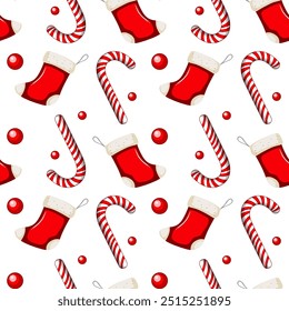 Seamless pattern with stockings and candy canes