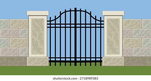 Seamless pattern of stone blocks: fence, gate. Vector illustration.