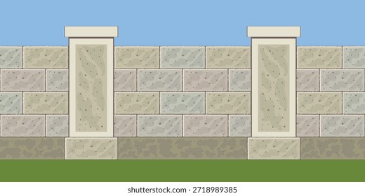 Seamless pattern of stone blocks: fence, gate. Vector illustration.