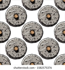 Seamless pattern with Stone wheel, ink hand drawn color illustration.