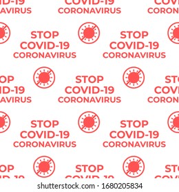 Nahtlose Muster STOP COVID-19 CORONOVIRUS. Vektorillustration Oberflächenstruktur Design roter Text auf weißem Hintergrund. Coronavirus-Symbol