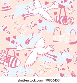 Seamless Pattern With Stork and Babies.