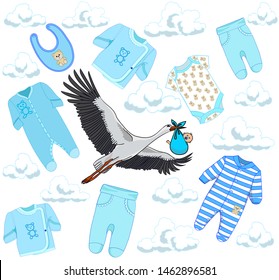 Seamless pattern with stork, baby and clothes for babies