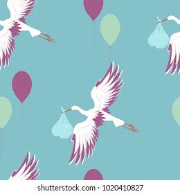 Seamless pattern with stork and balloons on a blue background. For decorating textiles, packaging and wallpaper. Template for postcards. album.