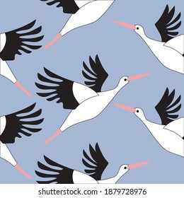 Seamless pattern of stork. Black and white birds in the sky. vector illustration