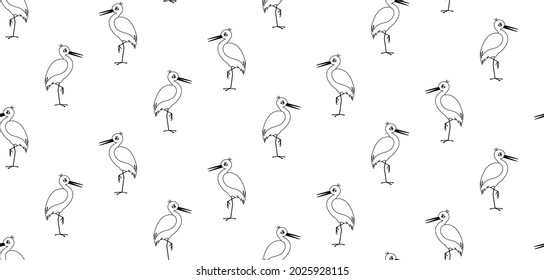 cigüeña sin costuras para niños, fondo blanco y negro. tela de patrón, afiche, dibujo infantil, fondo de ilustración vectorial de material
