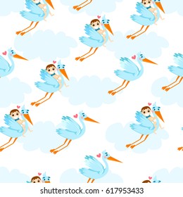 Seamless pattern with stork, cloud, sky, hearts and baby boy. Cute background for kids. 