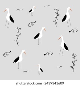 Seamless Pattern Stork, fish and plant in bohemian style, childish pattern suitable for any purpose children product design