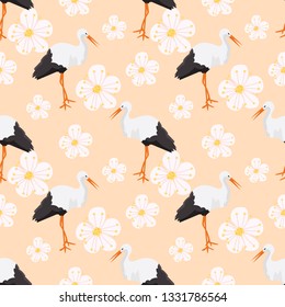 seamless pattern with stork and flowers