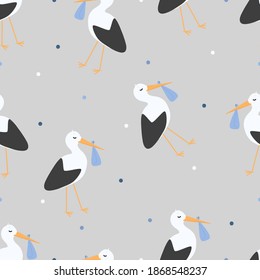 Seamless pattern stork with parcel  a child and gray background.
Celebratory pattern for decorating gifts, fabrics and clothes for the child.