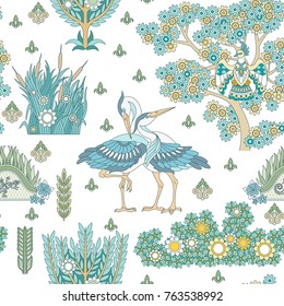 Seamless Pattern with storks (crane birds), fantastic phoenix, gecko (salamander) in pastel colors. Stylized wild flowers. Suitable for wrapping paper, fabric textile print, wallpaper, background.
