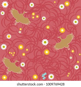 Seamless pattern - storks flying over a glade with flowers. Vector Illustration