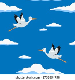 Seamless pattern, storks flying in the sky. Hand drawn illustration great for wallpaper, textile and texture design. Kids design, fabric, wrapping, apparel.