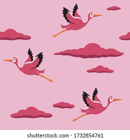 Seamless pattern, storks flying in the sky. Hand drawn illustration great for wallpaper, textile and texture design. Kids design, fabric, wrapping, apparel.
