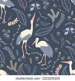 seamless pattern with storks on a dark blue background decorated with twigs, leaves and flowers. Scandinavian illustration. Good for textile, wallpaper or print design. 