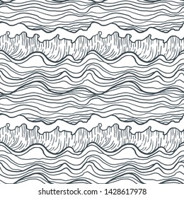 Seamless pattern with stormy waves. Design for backdrops and colouring book with sea, rivers or water texture. Repeating texture. Figure for textiles. Print for the cover of the book, postcards.