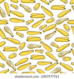 Seamless pattern with StraightNeck or Straight Neck. Summer squash. Cucurbita pepo. Fruits and vegetables. Cartoon style. Vector illustration isolated on transparent background.