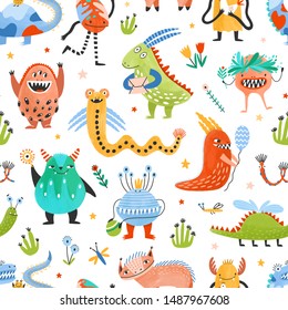 Seamless pattern with strange charming fantastic monsters, magical fairytale creatures, funny mutants on white background. Flat cartoon childish vector illustration for wrapping paper, fabric print.