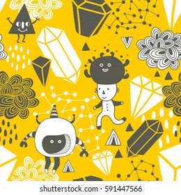 Seamless pattern with strange creations and design elements. Vector endless background.