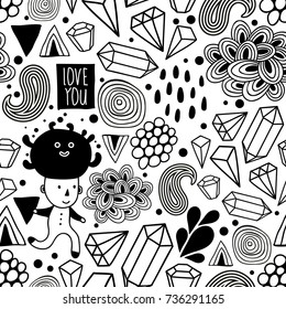 Seamless pattern with strange creatures in black and white colors. Endless vector wallpaper.